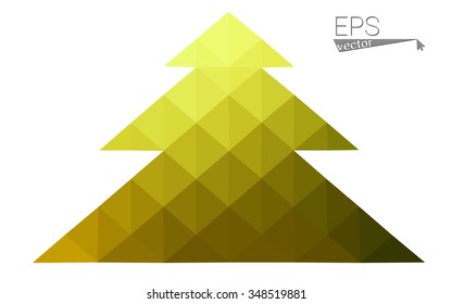Green, yellow low poly style christmas tree vector illustration consisting of triangles. Abstract triangular poly origami or crystal design of New Years celebration. Isolated on white background