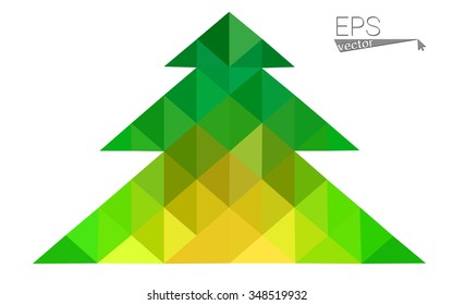 Green, yellow low poly style christmas tree vector illustration consisting of triangles. Abstract triangular poly origami or crystal design of New Years celebration. Isolated on white background