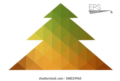 Green, yellow low poly style christmas tree vector illustration consisting of triangles. Abstract triangular poly origami or crystal design of New Years celebration. Isolated on white background