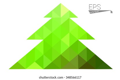 Green, yellow low poly style christmas tree vector illustration consisting of triangles. Abstract triangular poly origami or crystal design of New Years celebration. Isolated on white background