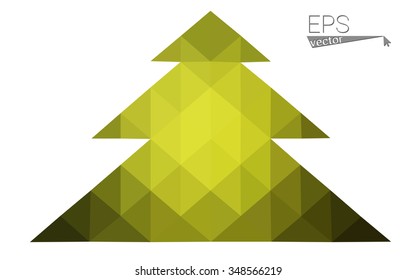 Green, yellow low poly style christmas tree vector illustration consisting of triangles. Abstract triangular poly origami or crystal design of New Years celebration. Isolated on white background
