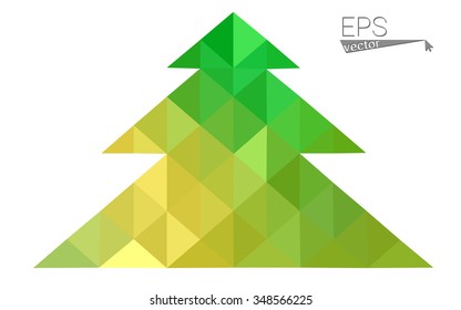 Green, yellow low poly style christmas tree vector illustration consisting of triangles. Abstract triangular poly origami or crystal design of New Years celebration. Isolated on white background