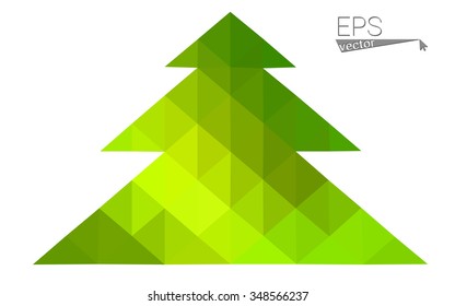 Green, yellow low poly style christmas tree vector illustration consisting of triangles. Abstract triangular poly origami or crystal design of New Years celebration. Isolated on white background