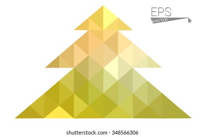 Green, yellow low poly style christmas tree vector illustration consisting of triangles. Abstract triangular poly origami or crystal design of New Years celebration. Isolated on white background