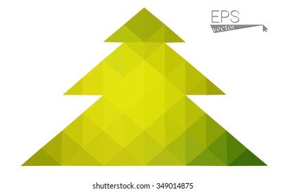 Green, yellow low poly style christmas tree vector illustration consisting of triangles. Abstract triangular poly origami or crystal design of New Years celebration. Isolated on white background