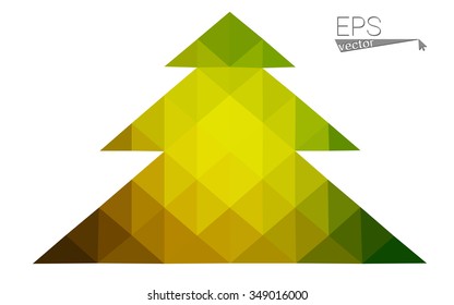 Green, yellow low poly style christmas tree vector illustration consisting of triangles. Abstract triangular poly origami or crystal design of New Years celebration. Isolated on white background