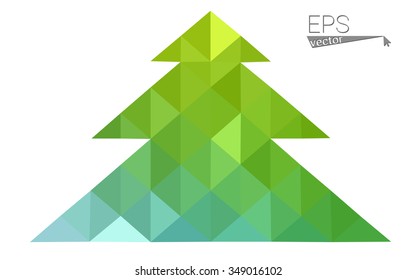Green, yellow low poly style christmas tree vector illustration consisting of triangles. Abstract triangular poly origami or crystal design of New Years celebration. Isolated on white background