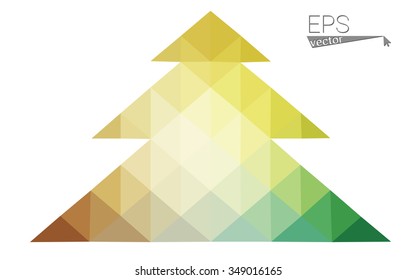 Green, yellow low poly style christmas tree vector illustration consisting of triangles. Abstract triangular poly origami or crystal design of New Years celebration. Isolated on white background