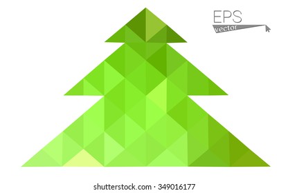 Green, yellow low poly style christmas tree vector illustration consisting of triangles. Abstract triangular poly origami or crystal design of New Years celebration. Isolated on white background
