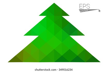 Green, yellow low poly style christmas tree vector illustration consisting of triangles. Abstract triangular poly origami or crystal design of New Years celebration. Isolated on white background