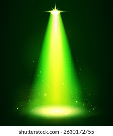 Green and Yellow Magic Spotlight Beam with Sparkles on Dark Stage Background, Glowing Cone of Light in Night Scene, vector illustration