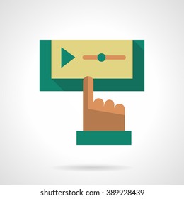 Green and yellow media player control bar with finger. Social networks. Video blog. Flat color style vector icon. Web design element for site, mobile and business.