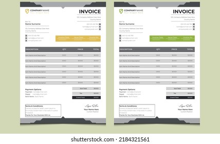 Green yellow modern professional business bill invoice design. Abstract clean creative corporate bill form price cash memo invoice template. Minimal office company quotation voucher invoice design.