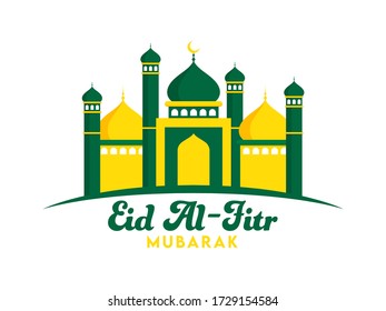 Green and Yellow Mosque Illustration on White Background for Eid Al Fitr Mubarak Concept.