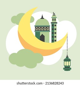 green and yellow mosque on half moon design. ramadan illustration. fasting month graphic. holy celebration. eid mubarak. ramadhan month. islam or muslim illustration. ramadan or ramadhan mubarak.