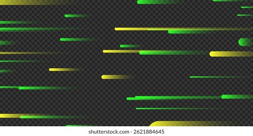 Linhas brilhantes de desfoque de movimento verde e amarelo no plano de fundo transparente escuro. Listras brilhantes abstratas. Design do banner do modelo. Conceito de fluxo neônico dinâmico. Design para banner, cartaz, papel de parede, cabeçalho