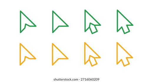 Ícones verdes e amarelos do cursor do mouse Definir seta do ponteiro Isolada no plano de fundo branco