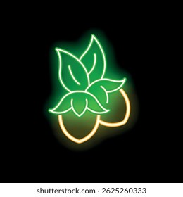 Green and yellow neon sign depicting hazelnuts with leaves, perfect for illustrating healthy snacks or autumn vibes