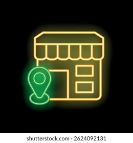 Green and yellow neon sign representing a store with location pin on black background