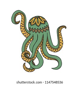 Green yellow octopus tangle pattern. Doodle animals with tentacles. Vector illustration.