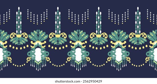 Green and yellow on blue background ikat tribal-style fabric pattern. Ethnic Ikat vector illustration seamless pattern. Ikat edge decoration for carpet, clothing, batik, saree, sarong, and motif.