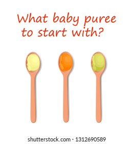 Green, yellow and orange baby purees in wooden isolated spoons. Vector, hand drawn