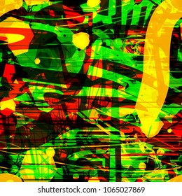 Green, yellow, orange, black colors, Different shapes. seamless texture. Abstract vector background for web page, banners backdrop, fabric, home decor, wrapping