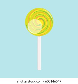 Green, yellow and orange lollipop with a spiral pattern. Vector can be used in the newsletter, brochures, postcards, tickets, advertisements, banner.  