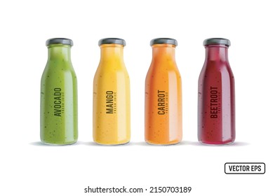 Green, yellow, orange, and MAROON smoothie in glass bottles isolated on white background. VECTOR EPS