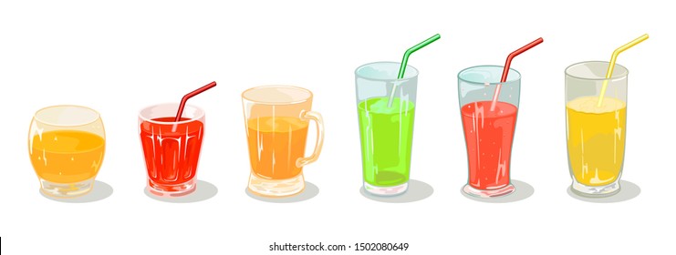 Green, yellow, orange, red beverages in different sized glassware with straws. Multicolor delicious drinks: fruit and berry juices, nectars, cocktails, smoothies. Cartoon vector set isolated on white.