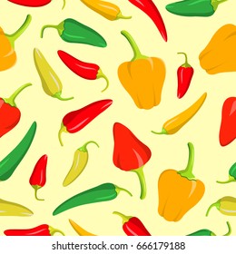 Green, yellow, orange and red pepper. Seamless pattern. Vector illustration.