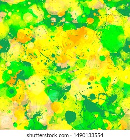 Green, yellow, orange seamless texture with blots and stains. Splashes pattern. Abstract vector background for web page, banners backdrop, fabric, home decor, wrapping