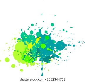 Green and yellow paint is splashing on a white background, creating an abstract and vibrant design with various droplet sizes and shapes