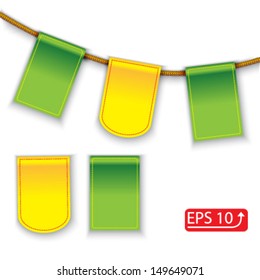 green and yellow paper flags on golden rope, isolated on white background vector