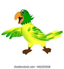 Green yellow parrot pointing or showing something with his wing