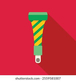 Green and yellow party blower making noise, celebrating an event on a festive red background