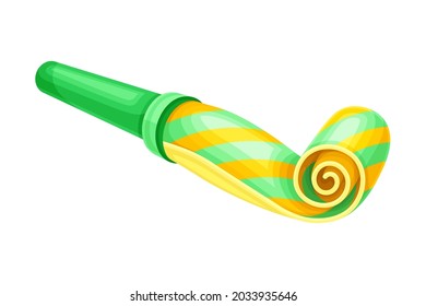 Green and Yellow Party Whistle as Birthday Toy and Accessory for Blowing and Making Sound Vector Illustration