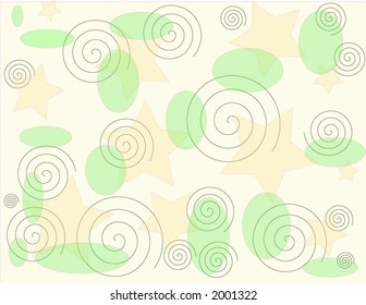 Green and Yellow pastel background with spirals, stars, and ovals.