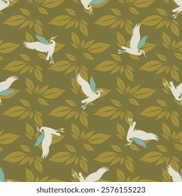 A green and yellow pattern with birds flying in the background. The birds are white and blue. The pattern is made up of leaves and birds