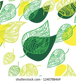 green and yellow patterned leaves seamless pattern, isolated on white background, vector design
