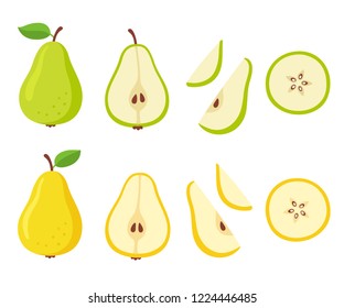 Green and yellow pear cartoon set. Cross section of cut pear and whole fruit, isolated vector illustration.