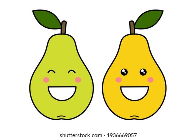 Green and yellow pear. Cute smiling kawaii child character. Happy food. Cartoon flat style. Isolated on a white background. Vector illustration. 