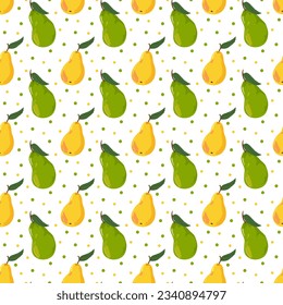 Green and yellow pears. Fruit pattern. Vector. Flat illustration. Background with colorful dots. For packaging, fabric, children's products, clothing and other decor.
