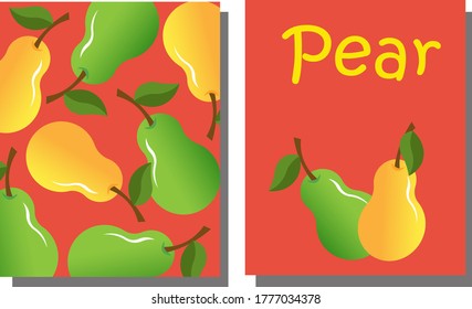 Green and yellow pears on a postcard with text. Two variants of illustration. Vector illustration on a bright background. For groceries, agricultural stores, packaging and advertising.