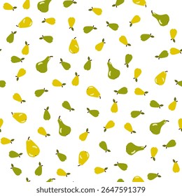 Green and Yellow Pears Tossed Around on White Background. Seamless Pattern Design