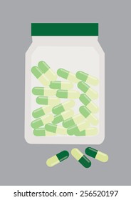 Green Yellow Pills in a Bottle. Vector Illustration