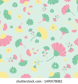 Green, yellow and pink flowers seamless repeat pattern for home decor, gift wrapping paper, pillows, curtains, kitchen gloves, table runners, pillows.