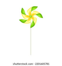 Green and Yellow Pinwheel Toy with Paper Curl Attached to Stick Vector Illustration