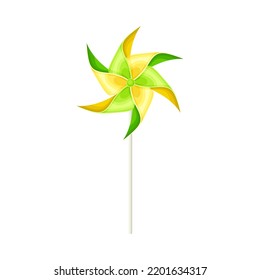 Green and Yellow Pinwheel Toy with Paper Curl Attached to Stick Vector Illustration
