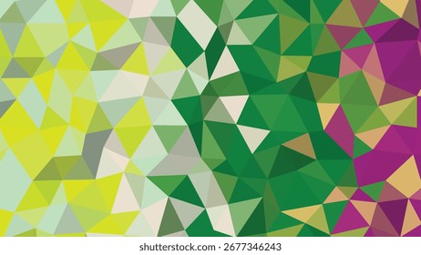 Fundo abstrato poligonal verde e amarelo com padrão geométrico tons de roxo e tom de tom
